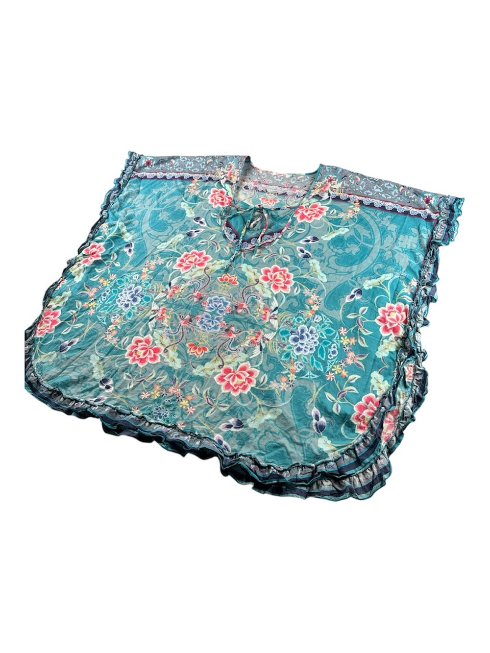 Johnny Was Teal Floral Poncho Blouse L Sheer Boho Oversized Artsy Tunic Top - Picture 4 of 11